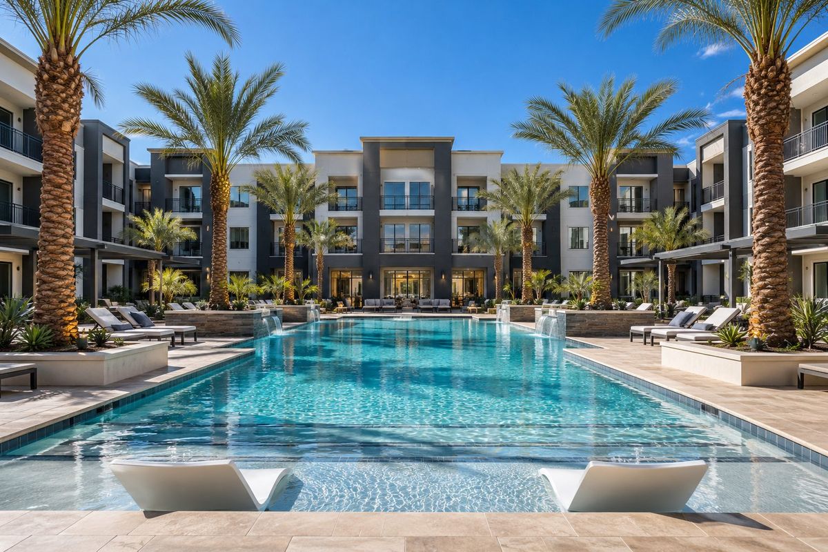 Apartment complex courtyard pool with waterfalls and in-water ledge loungers