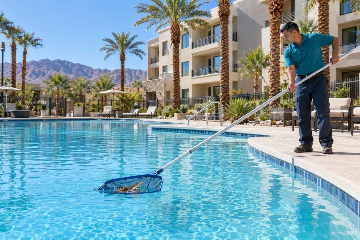 Gator Pools technician skimming leaves from an apartment community pool in Las Vegas