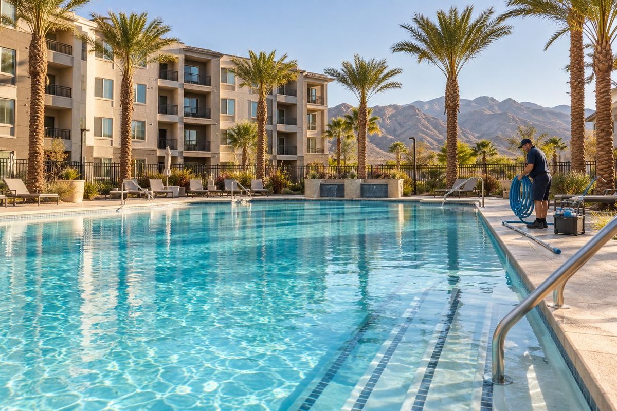 Gator Pools technician starting a sunrise service visit at an apartment community pool in Las Vegas