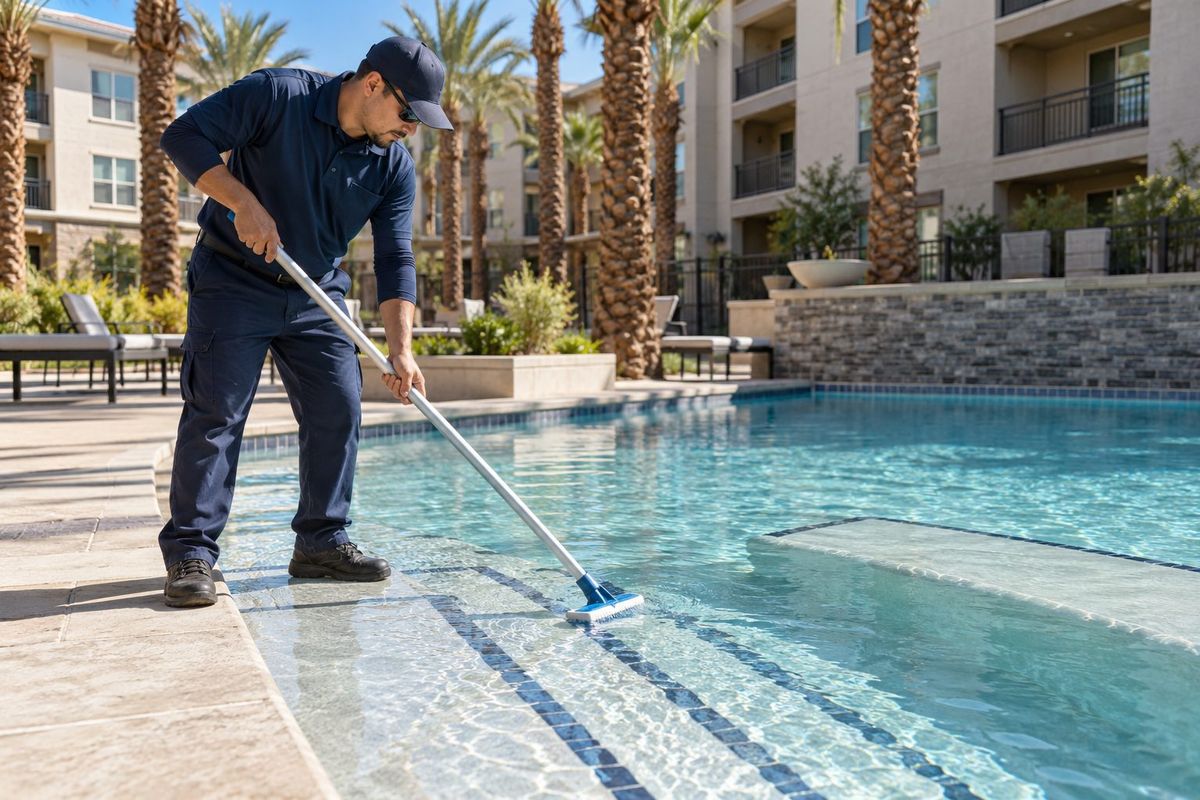 Technician brushing tiled entry steps at an apartment pool in Summerlin