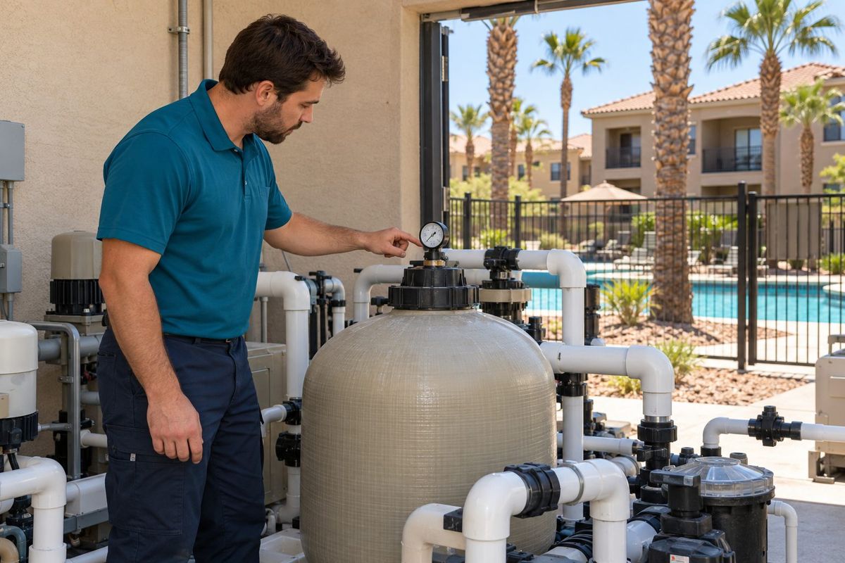 Technician reading the pressure gauge on a commercial sand filter in a pool equipment room