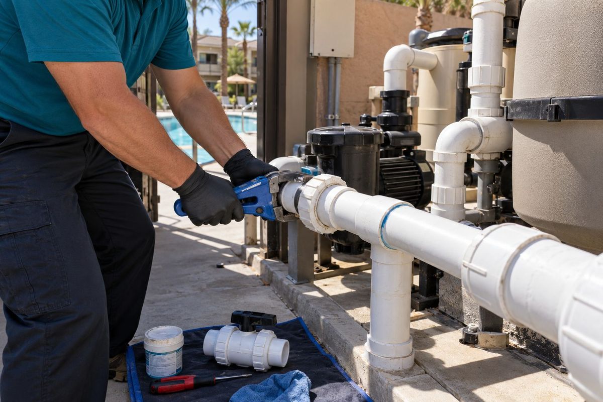 Technician tightening a PVC union on commercial pool equipment plumbing