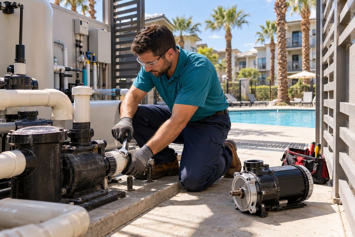 Technician replacing a commercial pool pump motor beside the filter bank
