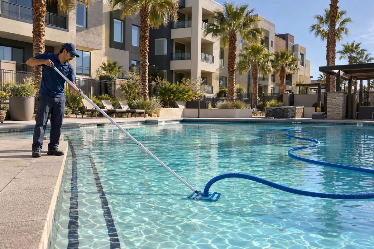 Technician running a manual vacuum across a commercial lap pool in North Las Vegas